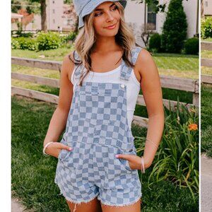 Pink Lily Checkered Denim Overalls Women XS Oversized Kidcore Artsy Maximalist